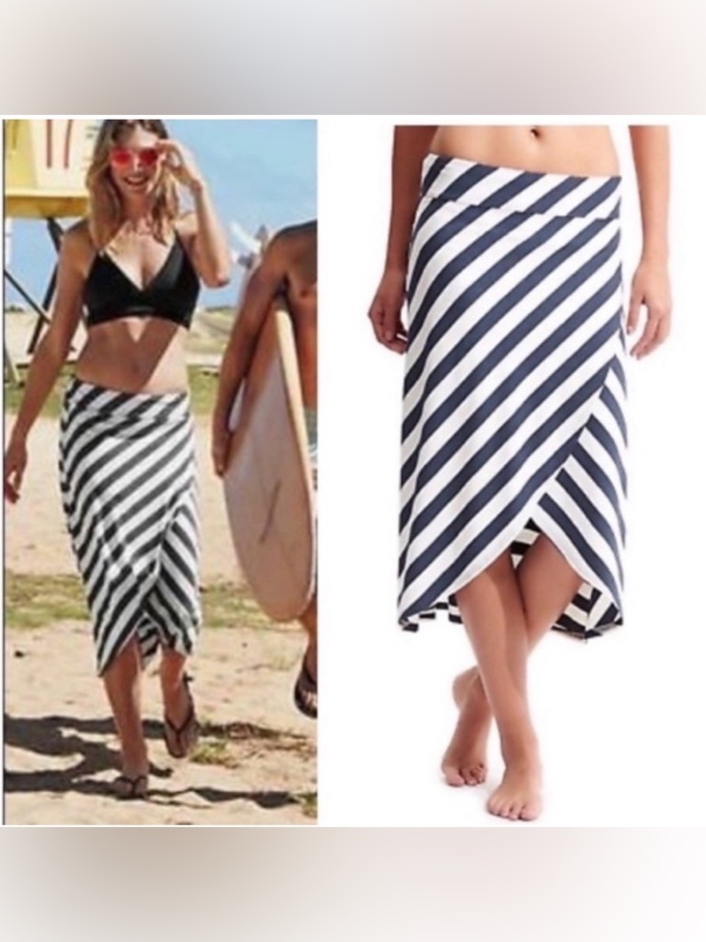 Athleta Striped Faux Wrap Tulip Midi Skirt gray & ivory small beach cover swim